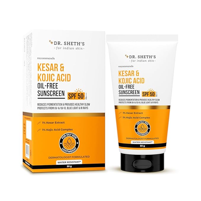 Dr. Sheth's Kesar & Kojic Acid Oil-Free Sunscreen SPF 50+ PA++++|Clinically Tested- (In -Vivo)| Reduces Pigmentation & Provides Healthy Glow | For Oily Skin | Lightweight, Non Greasy | UVA/UVB & Blue Light & IR Protection | No white cast | 50 g