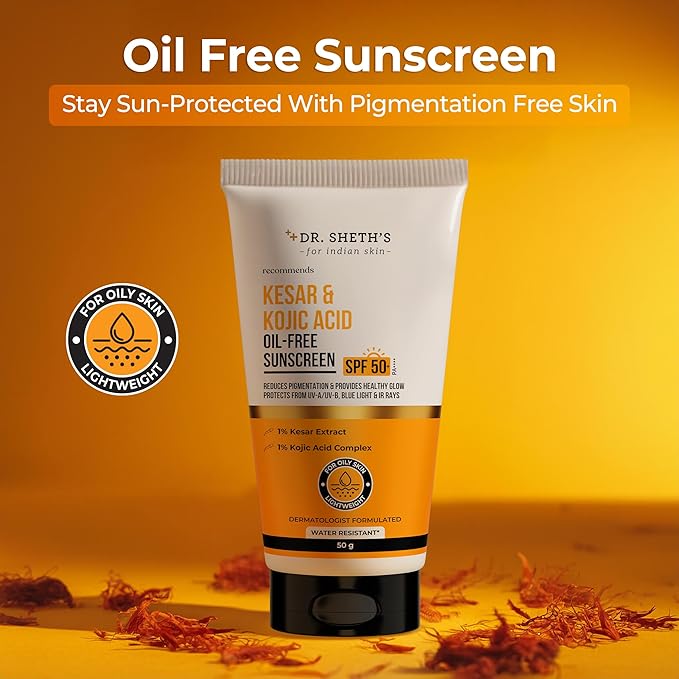 Dr. Sheth's Kesar & Kojic Acid Oil-Free Sunscreen SPF 50+ PA++++|Clinically Tested- (In -Vivo)| Reduces Pigmentation & Provides Healthy Glow | For Oily Skin | Lightweight, Non Greasy | UVA/UVB & Blue Light & IR Protection | No white cast | 50 g