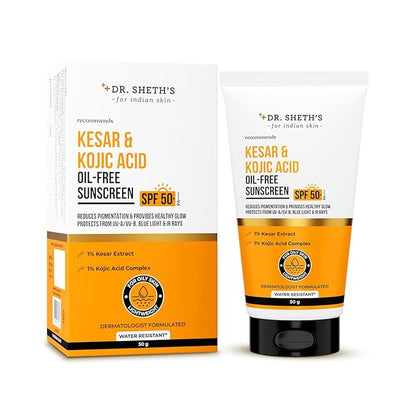 Dr. Sheth's Kesar & Kojic Acid Oil-Free Sunscreen SPF 50+ PA++++|Clinically Tested- (In -Vivo)| Reduces Pigmentation & Provides Healthy Glow | For Oily Skin | Lightweight, Non Greasy | UVA/UVB & Blue Light & IR Protection | No white cast | 50 g