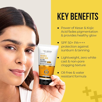 Dr. Sheth's Kesar & Kojic Acid Oil-Free Sunscreen SPF 50+ PA++++|Clinically Tested- (In -Vivo)| Reduces Pigmentation & Provides Healthy Glow | For Oily Skin | Lightweight, Non Greasy | UVA/UVB & Blue Light & IR Protection | No white cast | 50 g